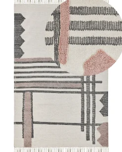 Teppich Baumwolle Beige / Schwarz 160 X 230 Cm Abstraktes Muster Fransen Kurzflor Muradiye
