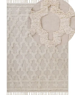 Teppich Baumwolle Beige 160 X 230 Cm Marokkanisches Muster Fransen Suluova
