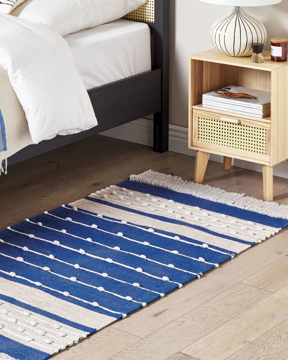 Teppich Baumwolle Marineblau / Beige 80 X 150 Cm Streifenmuster Kurzflor Kondhali