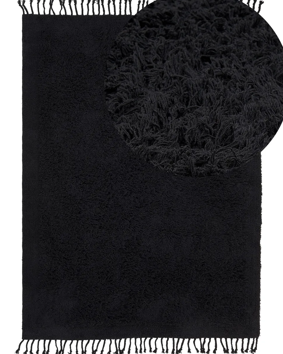 Teppich Baumwolle Schwarz 140 X 200 Cm Fransen Shaggy Bitlis