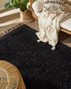 Teppich Baumwolle Schwarz 140 X 200 Cm Fransen Shaggy Bitlis