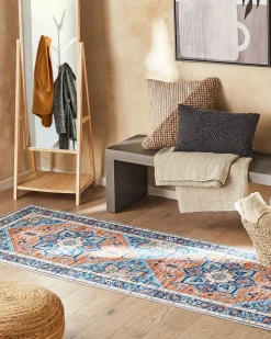 Teppich Blau / Orange Orientalisches Muster 80 X 240 Cm Kurzflor Ritapuram