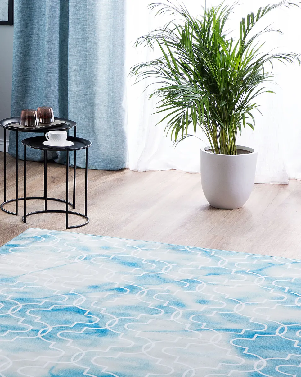 Teppich Hellblau 140 X 200 Cm Marokkanisches Muster Kurzflor Elazig