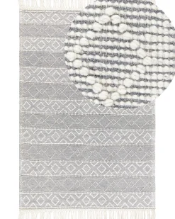 Teppich Wolle Grau / Weis 160 X 230 Cm Fransen Kurzflor Tonya