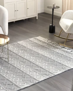 Teppich Wolle Grau / Weis 160 X 230 Cm Fransen Kurzflor Tonya