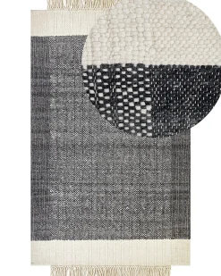 Teppich Wolle Schwarz / Cremeweis 160 X 230 Cm Streifenmuster Kurzflor Atlanti