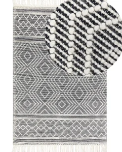 Teppich Wolle Schwarz / Weis 160 X 230 Cm Fransen Kurzflor Savuca