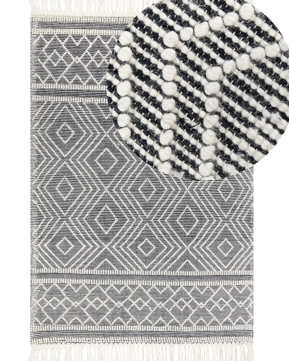 Teppich Wolle Schwarz / Weis 160 X 230 Cm Fransen Kurzflor Savuca