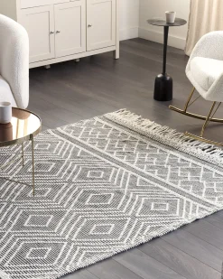 Teppich Wolle Schwarz / Weis 160 X 230 Cm Fransen Kurzflor Savuca