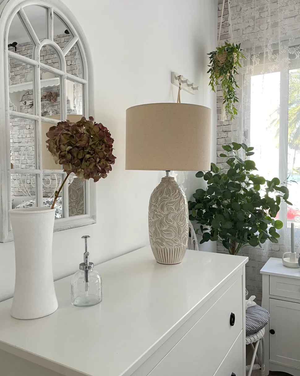 Tischlampe Keramik Beige 57 Cm Trommelform Salza