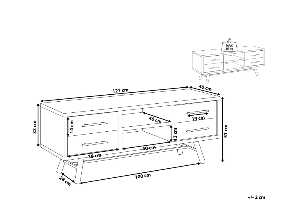 Tv-Mobel Heller Holzfarbton Mit 4 Schubladen 127 X 40 X 51 Cm Atlanta