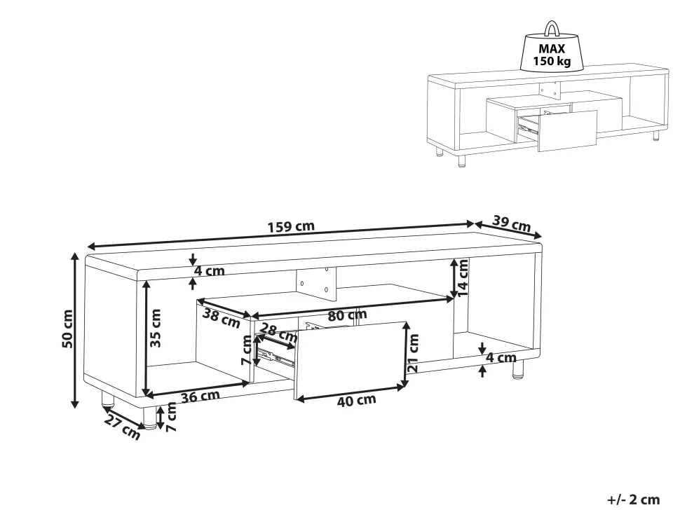 Tv-Mobel Weis / Heller Holzfarbton Mit 2 Schubladen 159 X 39 X 50 Cm Knox