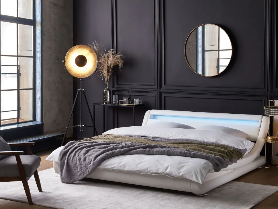 Wasserbett Kunstleder Weis 160 X 200 Cm Mit Led-Beleuchtung Avignon
