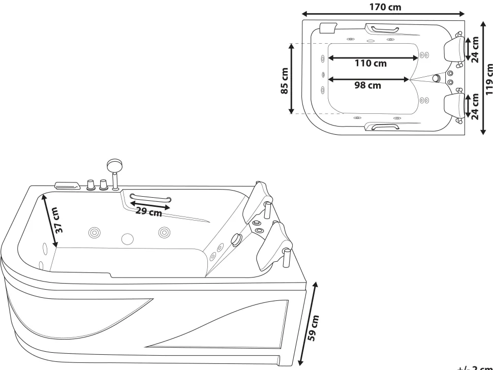 Whirlpool Badewanne Schwarz Eckmodell Mit Led 170 X 119 Cm Links Bayamo