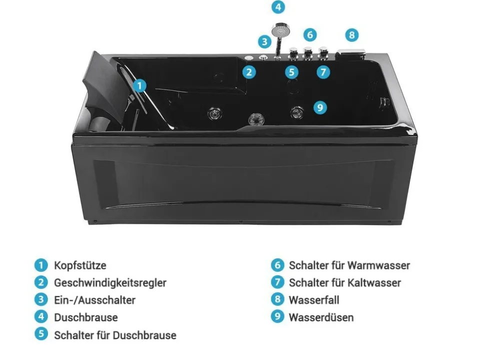 Whirlpool Badewanne Schwarz Rechteckig Mit Led 169 X 81 Cm Links Artemisa