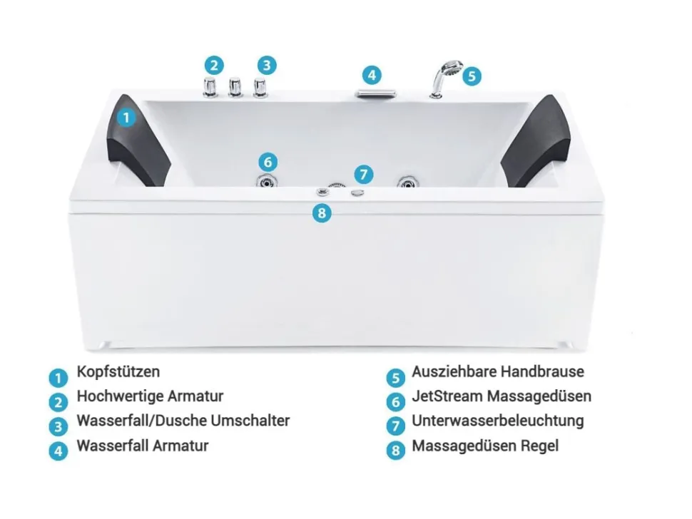 Whirlpool Badewanne Weis Mit Led Links 183 X 90 Cm Varadero