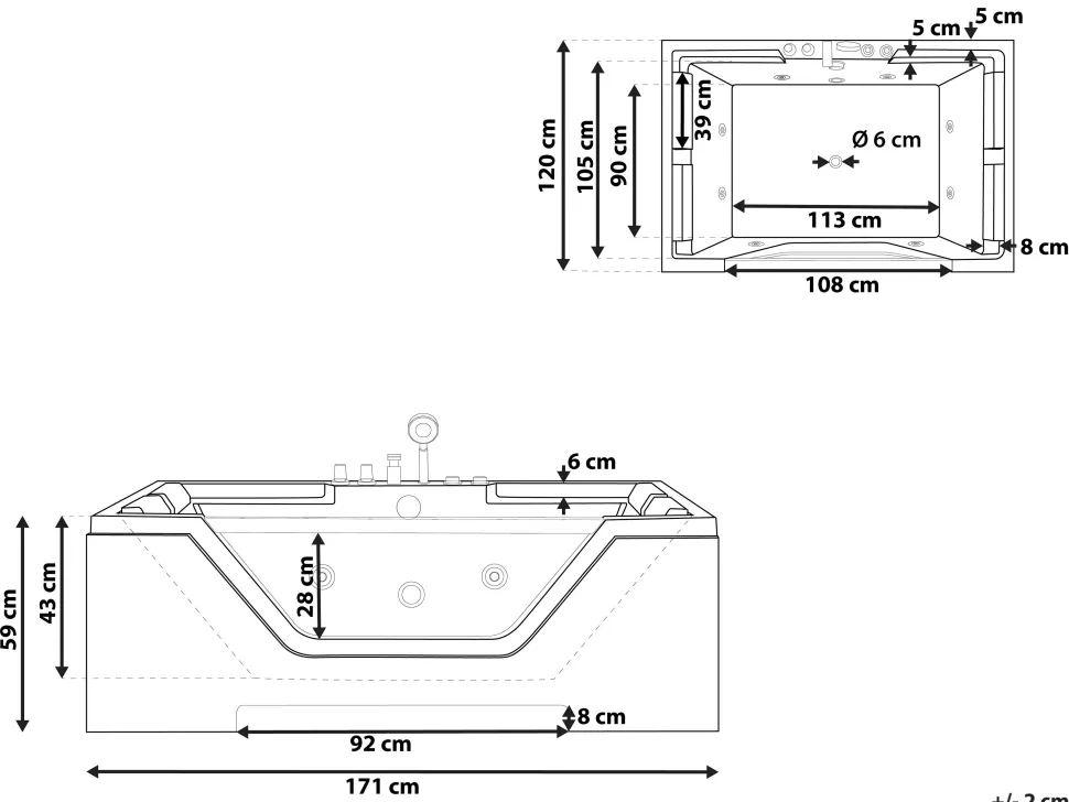 Whirlpool Badewanne Weis Rechteckig 170 X 120 Cm Huaraz
